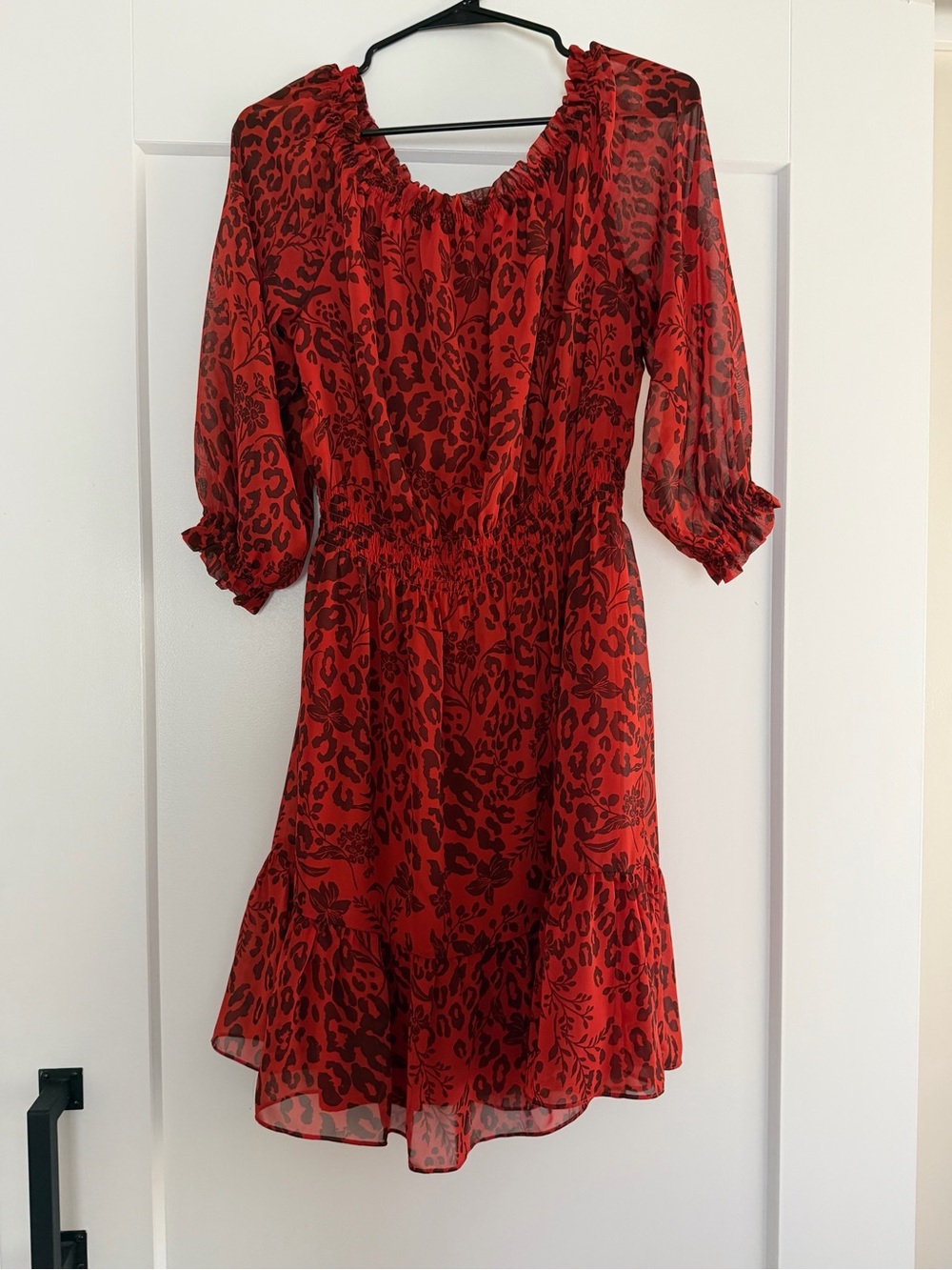 Nine West Red Leopard-Print Long-Sleeve Smocked Dress - Picture 2 of 4